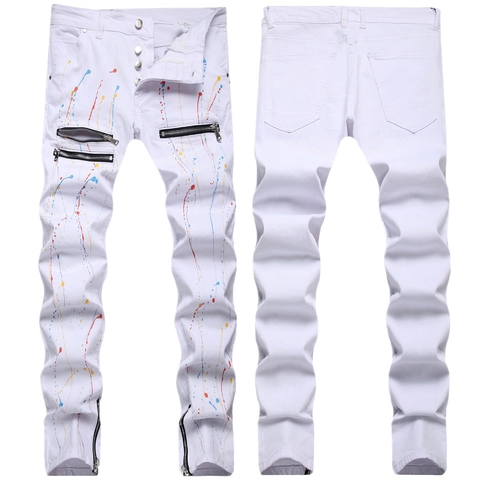 Herren Slim Fit Weißer Denim Jeans Mit Farbspritzern Reißverschluss Dekor Street Fashion Stacked Bleistifthose