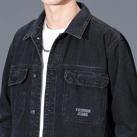 Men's Black Denim Jacket American Workwear Style Washed Cotton Polyester Blend Casual Multi-Pocket Trendy Outwear Jacket