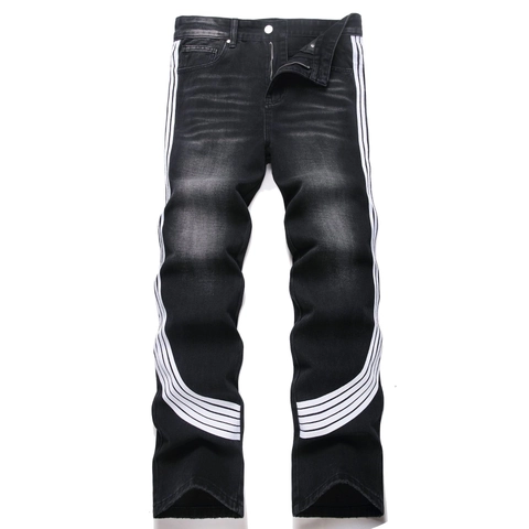 High Street Men Straight Leg Jeans Three Stripe Harajuku Denim Pants Streetwear Cotton Blue Black Loose Trousers