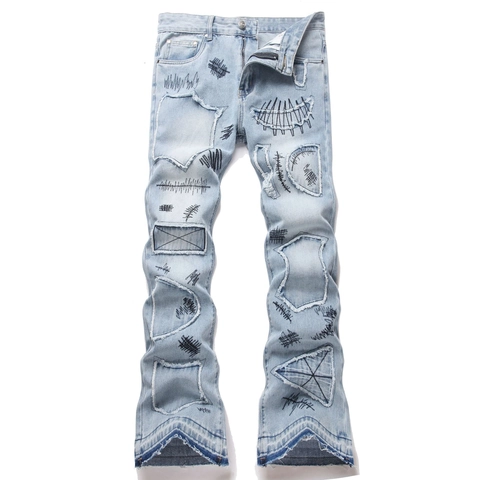 Jeans Uomo High Street Ricamo Graffiti Denim Blu Chiaro Pantaloni Micro Flare Star Patch Distressed Raw Hem Streetwear