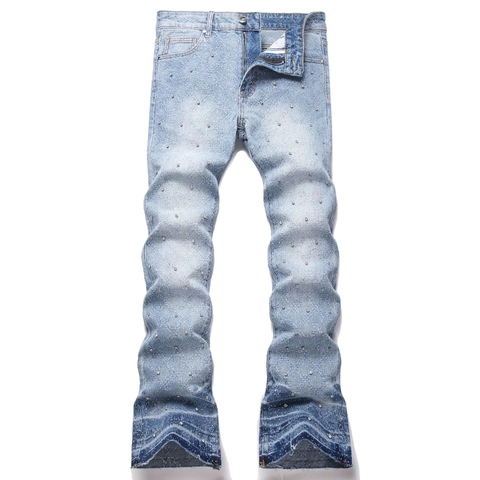 Pantaloni Jeans Flare da Uomo High Street con Strass Stellati Denim Lavato Blu Chiaro Stile Stacked per Giovani Uomini