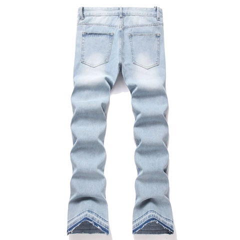 Jeans Uomo High Street Ricamo Graffiti Denim Blu Chiaro Pantaloni Micro Flare Star Patch Distressed Raw Hem Streetwear