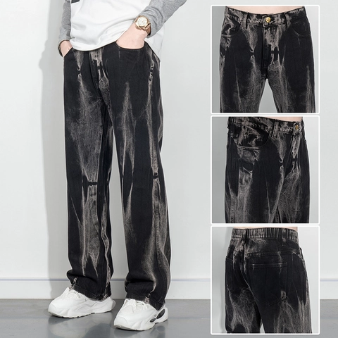Vaqueros de Lavado al Ácido High Street para Hombre Denim Pesado Pantalón Recto Holgado Vintage Americano Tie Dye Marmoleado