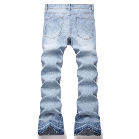 Pantaloni Jeans Flare da Uomo High Street con Strass Stellati Denim Lavato Blu Chiaro Stile Stacked per Giovani Uomini