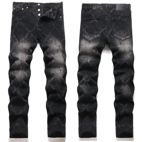 Herren High Street Gewaschene Schwarze Denim Jeans Kreuz Bestickt Slim Fit Punk Stil Knopfleiste Perlen Verzierte Hose Für Männer