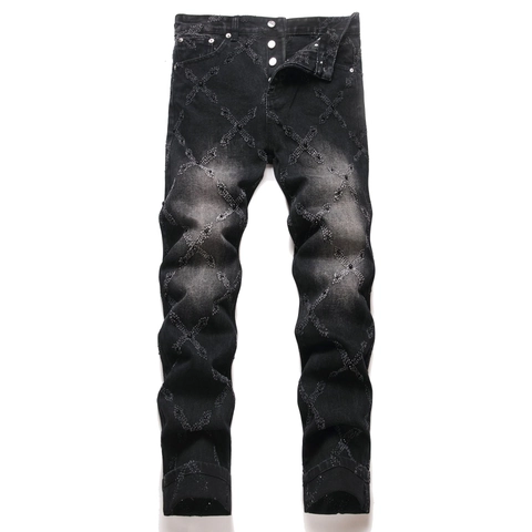 Herren High Street Gewaschene Schwarze Denim Jeans Kreuz Bestickt Slim Fit Punk Stil Knopfleiste Perlen Verzierte Hose Für Männer