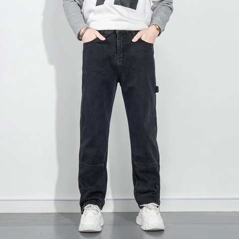 Men Black Denim Cargo Pants Multi Pockets Zipper Hem Straight Leg Cotton Jeans Streetwear Casual Trousers For Youth