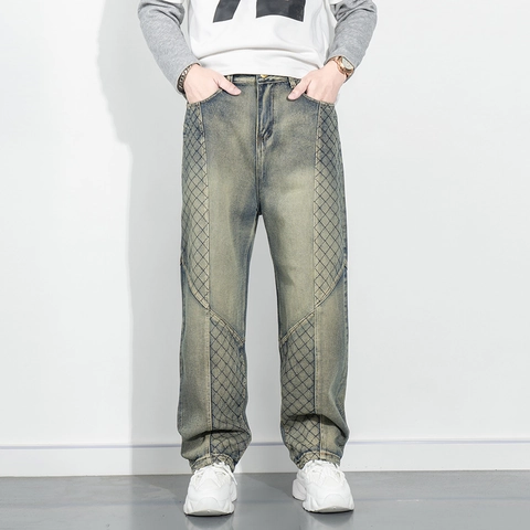 Herren Vintage Distressed Denim Jeans Lockerer Schnitt Gerades Bein Mit Rautenstepp Patchwork Streetwear Baumwollhose