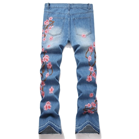 Men's Street Ripped Flare Jeans With Floral Plum Blossom Embroidery Distressed Blue Denim Pants Stylish Casual Trousers
