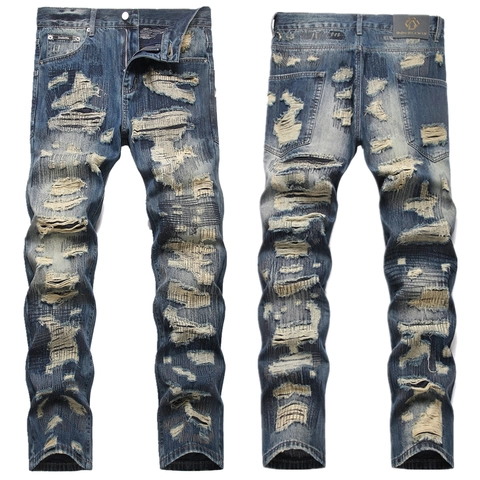 Pantaloni Jeans Strappati Uomo Stile Americano Street Retro Punk Distressed Straight Leg Denim Lavati Moda Bottoms