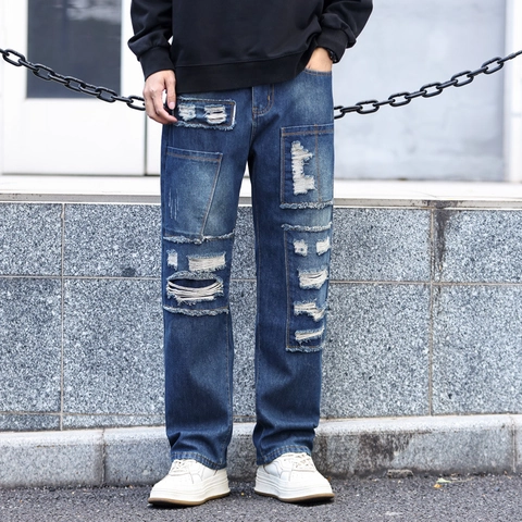 Herren Distressed Straight Leg Jeans Fleece Gefüttert Winter Warm Denim Hose Patchwork Design Streetwear Stil Locker Lässige Hose
