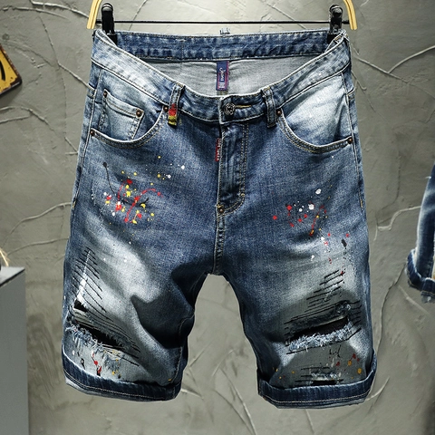 Men's Ripped Paint Splatter Denim Shorts Korean Streetwear Slim Fit Distressed Washed Blue Five-Point Jean Shorts Casual Summer Bottoms
