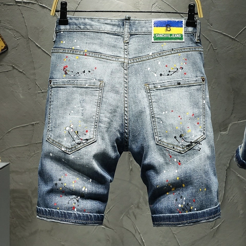 Men's Ripped Paint Splatter Denim Shorts Korean Streetwear Slim Fit Distressed Washed Blue Five-Point Jean Shorts Casual Summer Bottoms