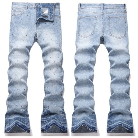 Uomo High Street Blu Chiaro Strass Flare Jeans Stacked Distressed Denim Pantaloni Bordo Sfilacciato Acid Wash Moda Streetwear