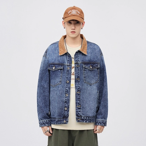 Chaqueta Vaquera Lavada de Estilo Workwear Americano Rétro para Hombre Cuello de Pana en Contraste Chaqueta Trucker Casual