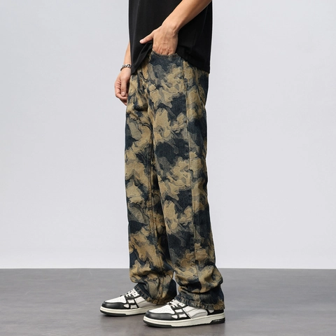 Men American Vintage High Street Camouflage Print Straight Leg Loose Jeans Casual Cotton Denim Cargo Pants Streetwear