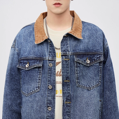 Chaqueta Vaquera Lavada de Estilo Workwear Americano Rétro para Hombre Cuello de Pana en Contraste Chaqueta Trucker Casual