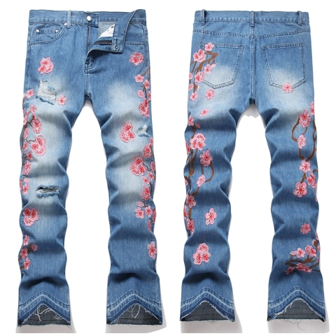 Jeans da Uomo Vintage Ricamati con Fiori di Prugno a Campana Slim Fit Lavato Pantaloni in Denim Distressed Casual Moda