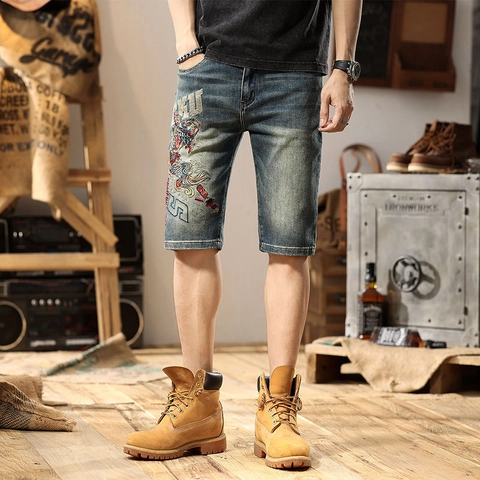Men's Vintage Washed Denim Shorts Dragon Koi Embroidery Streetwear Casual Straight Leg Cotton Mid-Length Jean Shorts