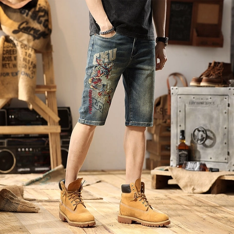 Men's Vintage Washed Denim Shorts Dragon Koi Embroidery Streetwear Casual Straight Leg Cotton Mid-Length Jean Shorts