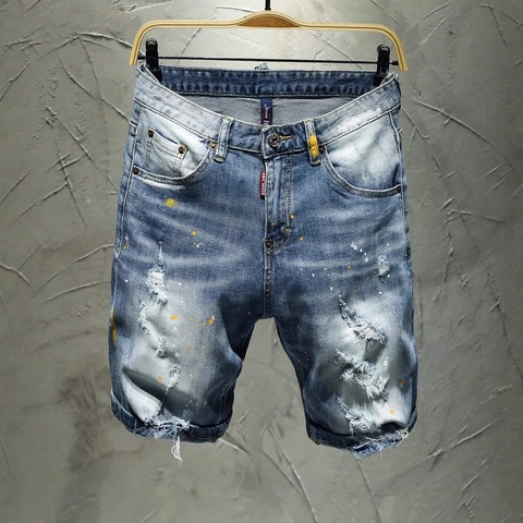 Pantaloncini di Jeans Uomo High Street Blu Chiaro Effetto Invecchiato Schizzi di Vernice Strappati Slim Fit Vintage Streetwear Hip Hop Casual