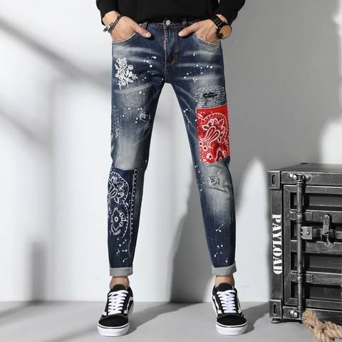 Herren Slim Fit Bestickte Zerrissene Jeans Paisley Flicken Farbspritzer Distressed Baumwolle Denim Hose Streetwear Blau