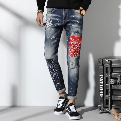 Herren Slim Fit Bestickte Zerrissene Jeans Paisley Flicken Farbspritzer Distressed Baumwolle Denim Hose Streetwear Blau