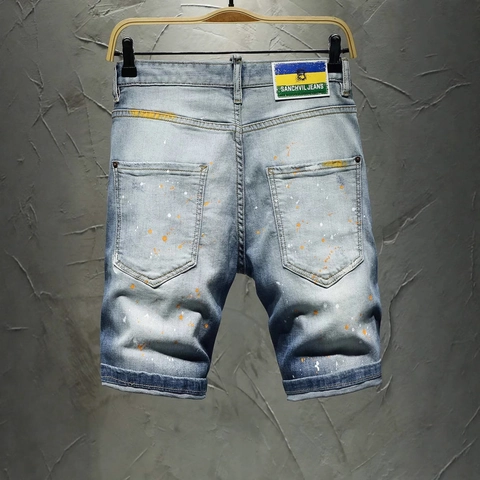 Pantaloncini di Jeans Uomo High Street Blu Chiaro Effetto Invecchiato Schizzi di Vernice Strappati Slim Fit Vintage Streetwear Hip Hop Casual