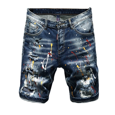 Men Distressed Ripped Denim Shorts Multi Color Paint Splatter Streetwear Cotton Blend Washed Mid Waist Five Point Jeans