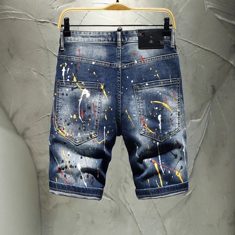 Men Distressed Ripped Denim Shorts Multi Color Paint Splatter Streetwear Cotton Blend Washed Mid Waist Five Point Jeans