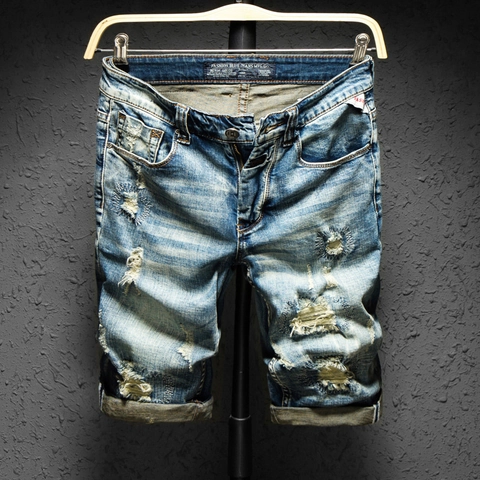 Pantaloncini di Denim Strappati Vintage da Uomo Blu Chiaro Lavato Cotone Distressed Vestibilità Larga Casual Streetwear Estate