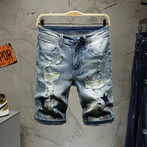 Damen Vintage Distressed Denim Shorts Mit Stern Patches Lockerer Schnitt Gewaschene Knie-Länge Retro Sommer Streetwear Jeans Shorts