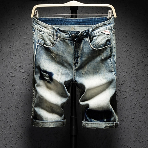 Men Retro Distressed Denim Shorts Loose Fit Ripped Knee Length Washed Blue Cotton Casual Summer Fashion Half Pants