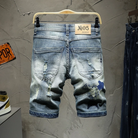 Damen Vintage Distressed Denim Shorts Mit Stern Patches Lockerer Schnitt Gewaschene Knie-Länge Retro Sommer Streetwear Jeans Shorts