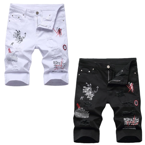 Men Distressed Denim Shorts Streetwear Graffiti Printed Ripped Capris Cotton Blend Breathable Comfortable Hip Hop Shorts For Youth