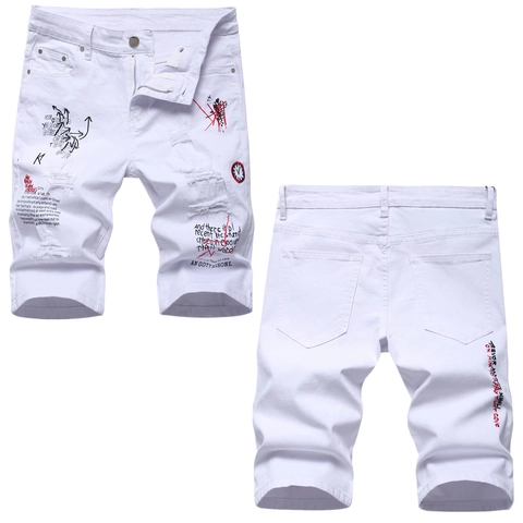 Men Distressed Denim Shorts Streetwear Graffiti Printed Ripped Capris Cotton Blend Breathable Comfortable Hip Hop Shorts For Youth