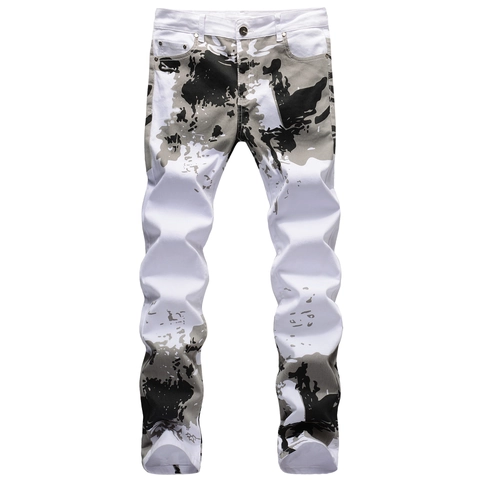 Herren Slim Fit Camouflage Splatter Weiße Denim Jeans Stretch Mittlere Taille Kleines Gerades Bein Abstrakter Druck Streetwear Hose
