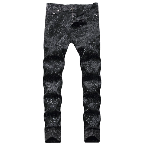 Vaqueros Ajustados Estampados para Hombre Denim de Algodón Patrón de Mapa Topográfico Graffiti Pantalones Streetwear Moda Casual Negro
