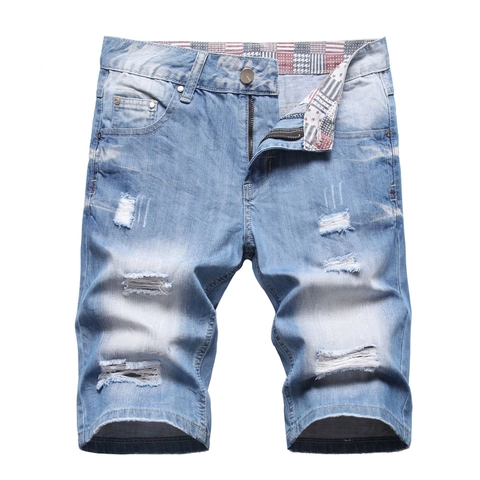 Men's Ripped Denim Shorts Thin Summer Cotton Blend Loose Straight Leg Washed Distressed Mid Pants Casual Streetwear Fashion Bottoms