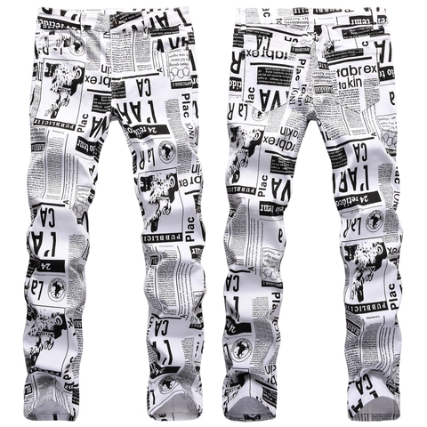 Heren Slim Fit Jeans met Krantenprint Casual Katoen Denim Streetwear Broek Retro Zwart Wit Letterpatroon voor Mannen