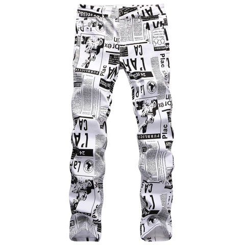 Herren Casual Zeitungsdruck Denim Jeans Slim Fit Stretch Baumwollmischung Streetwear Mode Hip Hop Hose Für Herren