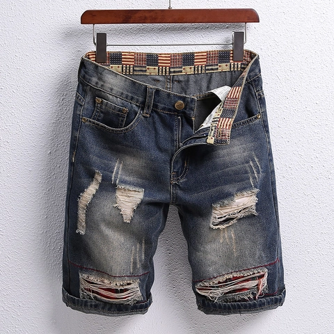 Ανδρικά Ρετρό Vintage Σκισμένα Τζιν Σορτς Distressed Βαμβακερά Ίσια Γραμμή Streetwear Σορτς Με Λεπτομέρειες Patchwork Αστέρι