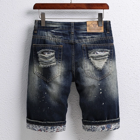 Herren Distressed Denim Shorts Zerrissen Spritzer Patchwork Vintage Paisley Futter Mittlere Taille Streetwear Denim Mittlere Hose