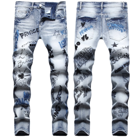 Men Streetwear Hip Hop Graffiti Embroidered Jeans Cotton Blend Slim Fit Straight Leg Denim Pants Light Blue Distressed Washed Trousers
