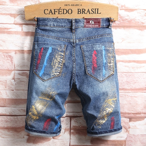 Men Denim Shorts Gescheurd Versleten Graffiti Verfspatten Ontwerp Middelhoge Taille Streetwear Hip Hop Vijf Punts Jeans