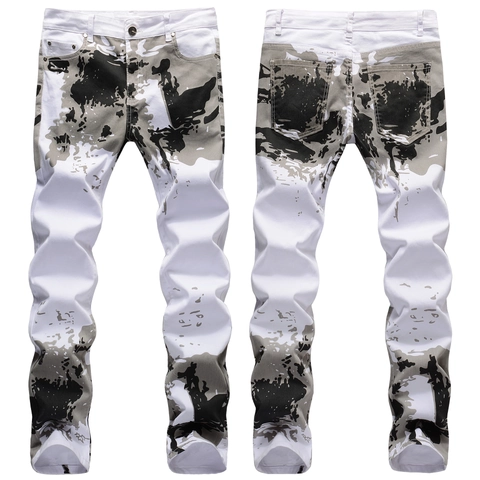 Herren Slim Fit Camouflage Splatter Weiße Denim Jeans Stretch Mittlere Taille Kleines Gerades Bein Abstrakter Druck Streetwear Hose
