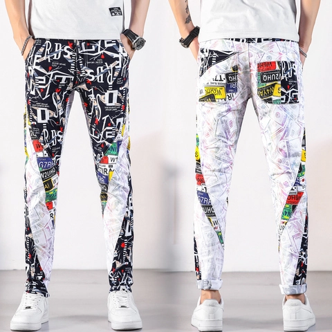 Herren Streetwear Graffiti Jeans Slim Fit Stretch Denim Hose Hip Hop Bedruckte Skinny Trousers Für Casual Daily Wear Jugend Mode Unten