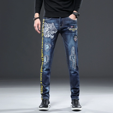 Men's Trendy Tiger Head Embroidery Jeans Distressed Slim Fit Stretch Denim Long Pants Streetwear Casual Stylish For Men