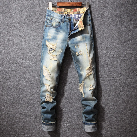 Herren Vintage Distressed Denim Hose Mit Ripped Details Und Katzenhaare Waschung Casual Streetwear Mode Jeans Für Junge Männer