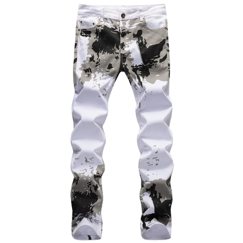 Men's White Camouflage Print Slim Fit Straight Leg Jeans Stretch Cotton Denim Streetwear High Street Fashion Men Denim Pants